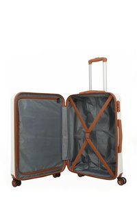 Hard-shell suitcase with a white exterior and brown accents, featuring dual compartments, an X-cross strap, and a grey interior lining.