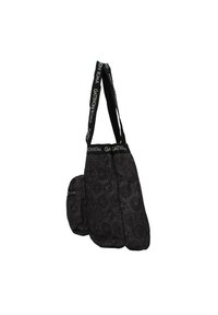 Borsa a tracolla nera con un motivo testurizzato, dotata di una tasca laterale con zip e una tracolla con logo. Tessuto morbido, design pieghevole.