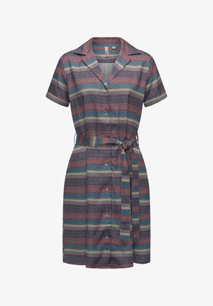 Lyhythihainen mekko kuvioidusta kankaasta, jossa on pystysuorat raidat punaisena, vihreänä ja sinisenä. Mekossa on kaulus ja solmittava vyö vyötäröllä.