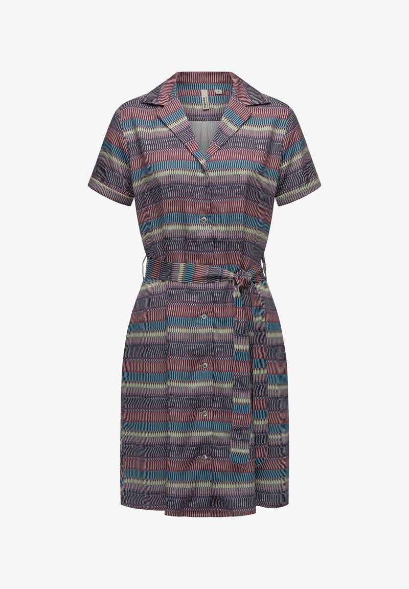 Kurzes Kleid aus gemustertem Stoff mit vertikalen Streifen in Rot, Grün und Blau. Mit einem Kragen und einem Bindegürtel in der Taille.