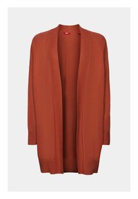 Cardigan couleur rouille, devant ouvert, manches longues, poignets et ourlet côtelés, confectionné dans un tissu tricoté doux au toucher lisse.