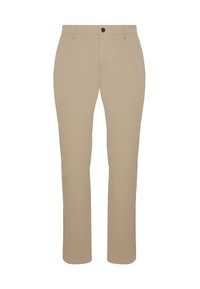 Pantalones beiges de tela suave, con un diseño de pierna recta, cintura estándar y un solo botón negro con cremallera.