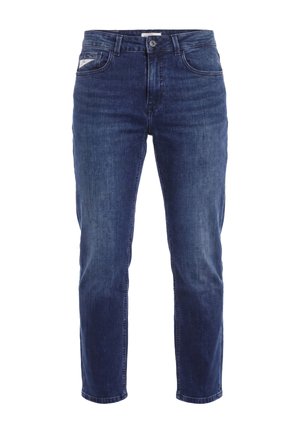 Jeans in denim blu scuro con tasche anteriori, passanti per cintura, chiusura con bottone e leggero sbiadimento su cosce e ginocchia.