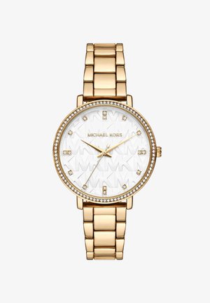 Montre-bracelet Michael Kors ton or avec lunette sertie de cristaux, cadran blanc embossé du motif "MK" et index des heures en cristal.
