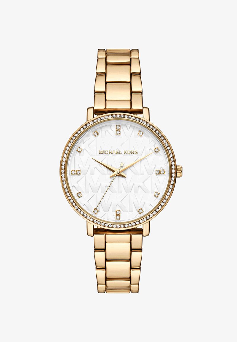 Gold-tone Michael Kors wristwatch with crystal-studded bezel, white dial embossed with "MK" pattern, and crystal hour markers.