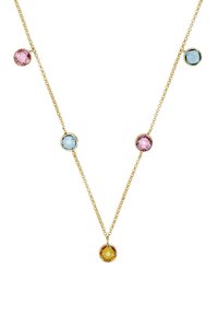 Collana in oro delicata con cinque gemme rotonde sfaccettate in rosa, blu e giallo equidistanti lungo la catena.