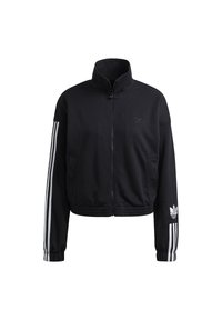 Black zip-up jacket made of soft fabric, featuring a stand-up collar, elastic cuffs, and white stripes on sleeves with a logo on the chest.