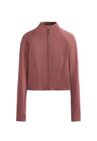 Cropped jacket in dusty rose, smooth fabric, high collar, front zip closure, long sleeves with discreet side pockets and seam detailing.