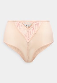 Μπεζ σλιπ με ψηλή μέση από διαφανές τούλι με ροζ ζεβρέ μοτίβο και μικρό ασημί κρίκο στο κέντρο μπροστά.