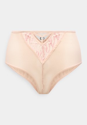 Ropa interior de malla beige de cintura alta con tela transparente de patrón de cebra rosa y un pequeño detalle de anillo plateado en el centro delantero.