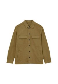 Veste marron à boutons avec des manches longues, deux poches à rabat sur la poitrine et deux poches à fente sur les côtés, fabriquée en tissu épais.