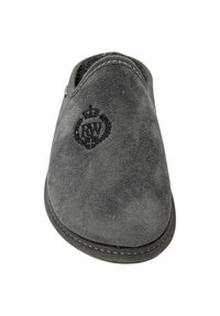 Grijze suède pantoffels met zwart geborduurd "RW" logo en kroondetail, ronde neus en gestikte randen.