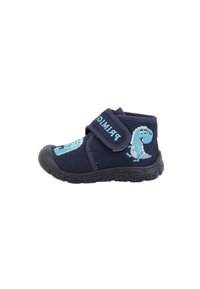 Scarpa per bambini blu navy con una fascia in Velcro, caratterizzata da un ricamo di un dinosauro blu sul lato e una suola in gomma testurizzata.