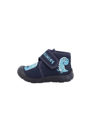 Scarpa per bambini blu navy con una fascia in Velcro, caratterizzata da un ricamo di un dinosauro blu sul lato e una suola in gomma testurizzata.