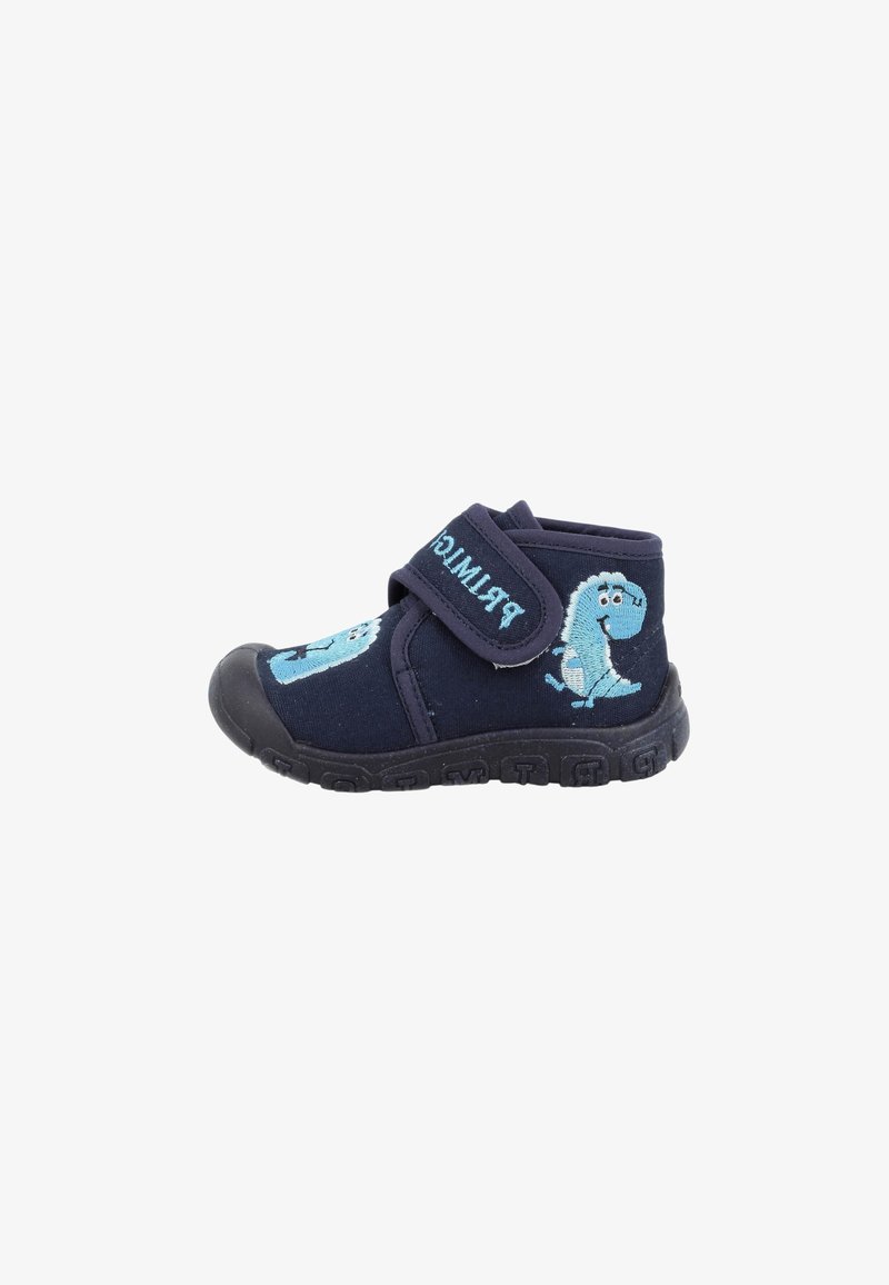 Scarpa per bambini blu navy con una fascia in Velcro, caratterizzata da un ricamo di un dinosauro blu sul lato e una suola in gomma testurizzata.