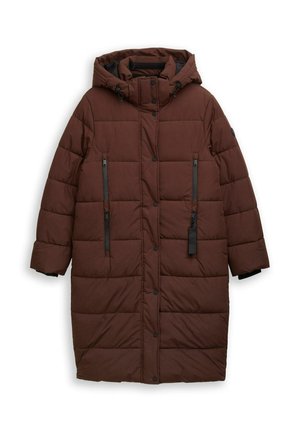Manteau rembourré marron avec capuche, doté de boutons-pression et de poches latérales zippées, dans un design matelassé avec des accents en métal noir.