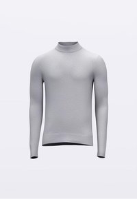 Grå turtleneck-genser med lange ermer, teksturert stoff, tettsittende design, og ribbestrikket hals- og mansjettkant, med ensfarget og minimale detaljer.