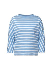 Pull bleu clair à rayures avec des manches trois-quarts, présentant des rayures blanches horizontales, une texture douce et un col rond.