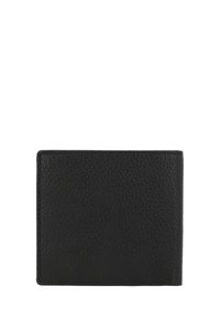 Czarny skórzany portfel bifold o fakturze, pokazany zamknięty na białym tle.