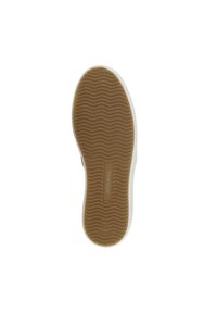 Semelle d'une basket présentant un motif ondulé en caoutchouc brun clair avec un bord blanc. La surface texturée offre adhérence et flexibilité.