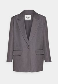 Blazer grigio realizzato in tessuto strutturato, con colletto a revers, chiusura a un bottone e due tasche frontali.
