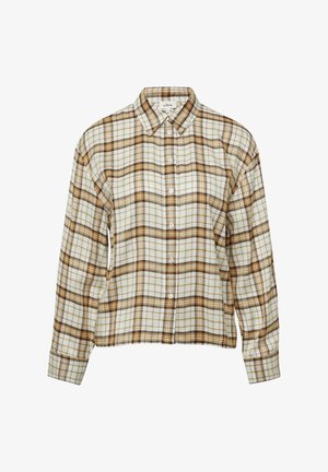 Chemise à boutons en mélange de coton, avec un motif à carreaux brun et écru, un col et des manches longues. Boutons sur le devant.