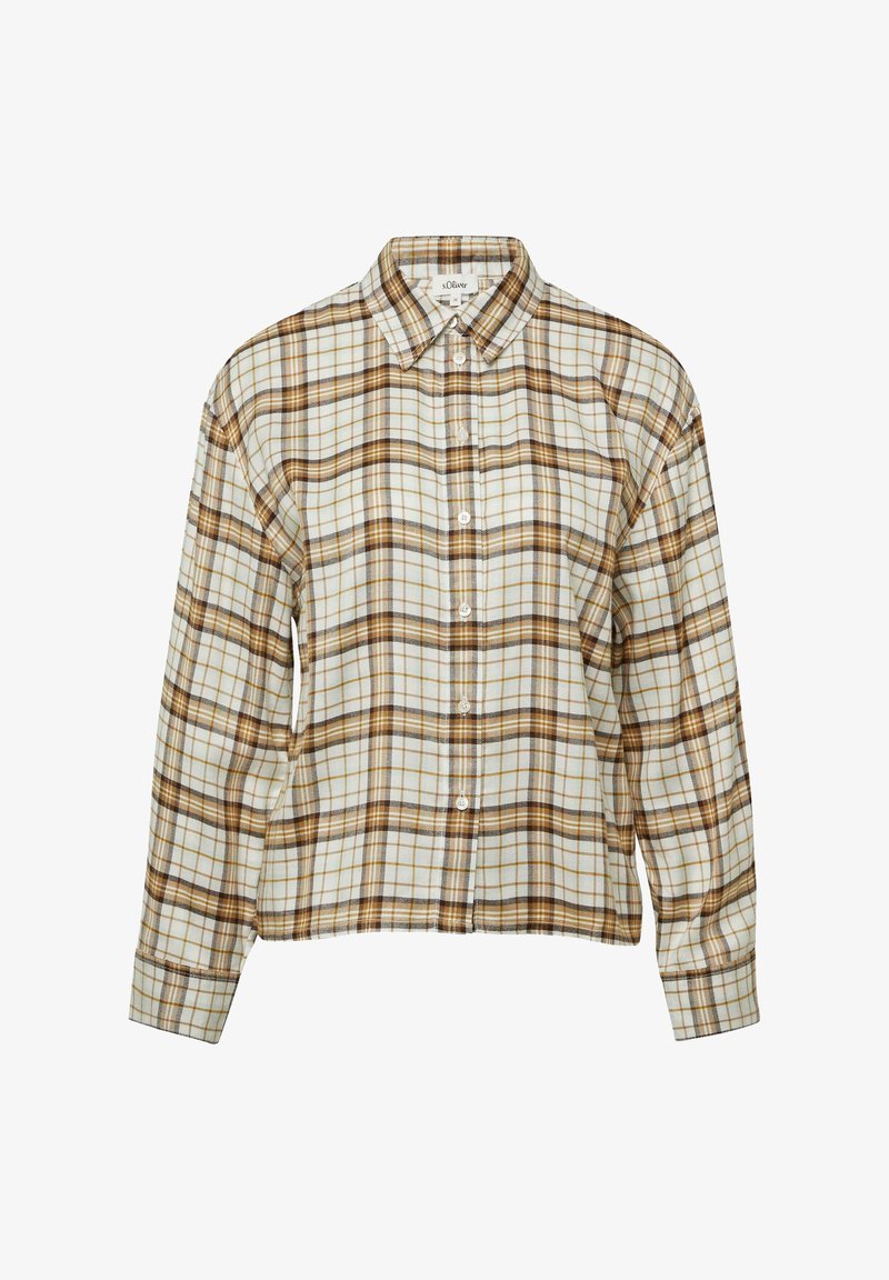Button-up shirt in cotton blend, featuring a plaid pattern in brown and cream, with a collar and long sleeves. Buttons down the front.