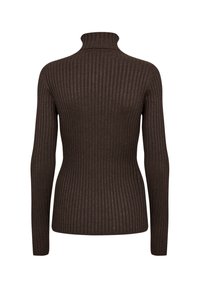 Braun gestreifter Rollkragenpullover mit hohem Kragen und langen Ärmeln, aus weichem, strukturiertem Material mit taillierter Silhouette.
