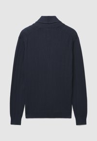 Marineblauer gestrickter Pullover mit geripptem Muster, umgeschlagenem Kragen und langen Ärmeln. Verfügt über seitliche Schlitze am unteren Saum.