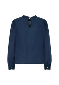 Blusa a maniche lunghe blu navy in tessuto testurizzato, con polsini a scallop e dettaglio della schiena a chiave. Presenta chiusure con bottoni sulle maniche.