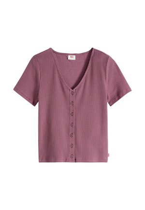Top met korte mouwen en een V-hals in geribbelde stof, paars van kleur. Heeft een knoopsluiting aan de voorkant met zes knopen en een rechte zoom.