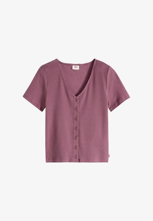 Top met korte mouwen en een V-hals in geribbelde stof, paars van kleur. Heeft een knoopsluiting aan de voorkant met zes knopen en een rechte zoom.