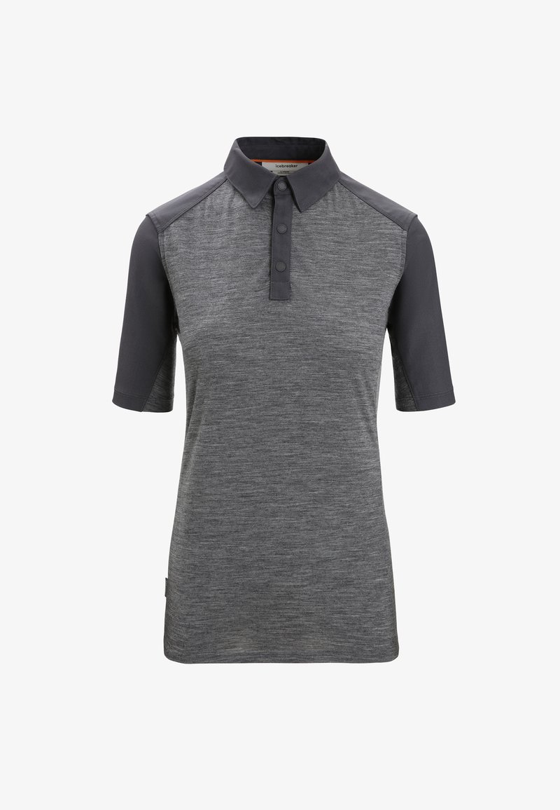 Korte mouwen polo in grijs gemêleerd stof met donkergrijze accenten op de schouders en kraag, met een knoopsluiting aan de voorkant en een klassieke pasvorm.