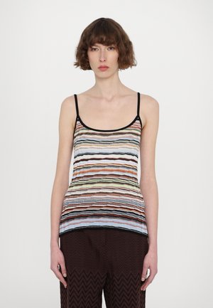 Gestreiftes, ärmelloses Tanktop mit mehrfarbigen Linien unterschiedlicher Breite, das einen schwarzen Rand entlang des Ausschnitts und der Armlöcher aufweist.