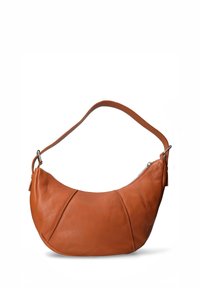 Borsa hobo in pelle color tan con una silhouette curva, una sola tracolla e una chiusura superiore con zip, caratterizzata da sottili dettagli cuciti.