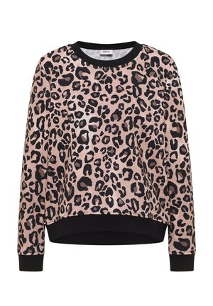Różowa bluza z nadrukiem w panterkę z czarnymi akcentami. Posiada okrągły dekolt, długie rękawy oraz ściągacze przy mankietach i na dole. Miękka tekstura materiału.