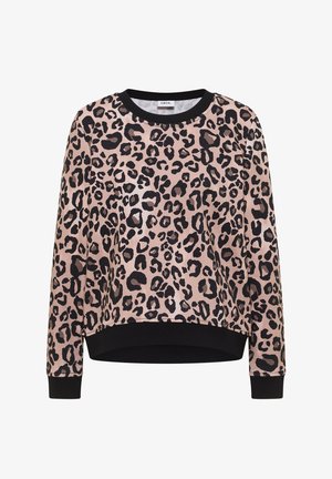 Leopard print sweatshirt in pink with black accents. Features a round neck, long sleeves, and ribbed cuffs and hem. Soft fabric texture.