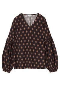 Dunkelbraune Bluse mit V-Ausschnitt, ausgestattet mit Puffärmeln, elastischen Manschetten und einem Rautenmuster in Beige und Hellbraun.