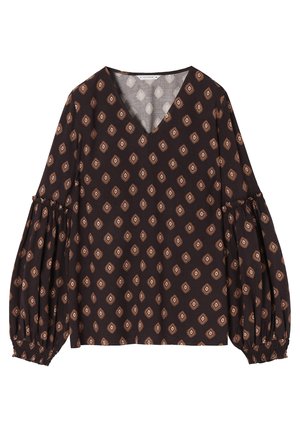 Tamno smeđa bluzica s V-izrezom, koja ima napuhane rukave, elastične manžete i dijamantni uzorak u bež i svijetlosmeđoj boji.
