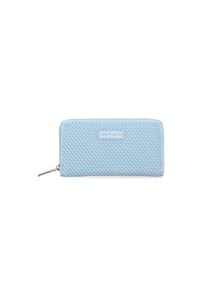 Light blue zippered wallet with a textured diamond pattern, a logo plaque, and gold-tone hardware. Rectangular shape, smooth finish.
