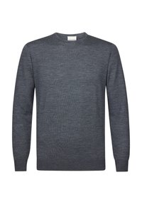 Dunkelgrauer Pullover aus Strickstoff, mit Rundhalsausschnitt und langen Ärmeln, die über gerippte Bündchen und einen gerippten Saum verfügen, glatte Textur.