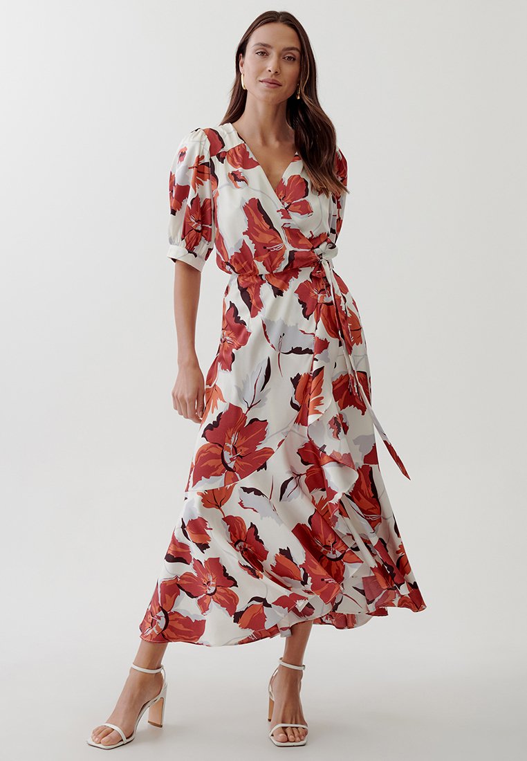 open lace back dress White and Red Floral Maxi Dress with Criss Cross Back main image 0