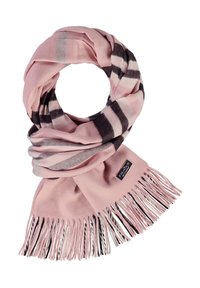 Écharpe rose pâle avec motif à carreaux noir et blanc et extrémités à franges, pliée en boucle avec une étiquette de marque visible.