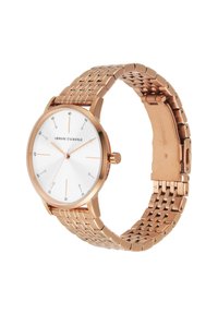 Rose gold stainless steel watch with a round white face, minimalistic hour markers, and a woven bracelet band. Features an adjustable clasp.