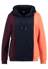Sudadera con capucha con diseño de bloques de color en burdeos, azul marino y coral. Cuenta con un bolsillo frontal y cordones ajustables. Textura suave.