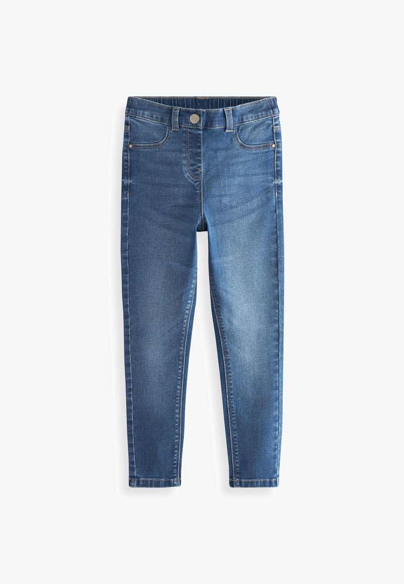 Modré strečové deninové džínsy so slim fit strihom, dizajnom s piatimi vreckami, zapínaním na gombík a viditeľným prešitím pozdĺž švov.