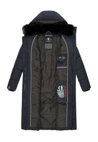 Navy puffer coat with a faux fur collar, contrasting white piping, inner pockets, and logo details. Lined with a smooth dark fabric.