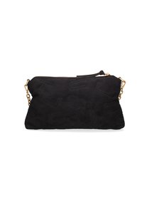 Borsa a pochette in suede nero con hardware dorato, chiusura con zip e motivo impresso. Texture morbida, forma rettangolare, design compatto.