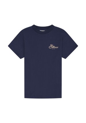 T-shirt bleu marine à manches courtes avec petit logo beige "Ellesse EST 1959" sur la poitrine gauche.