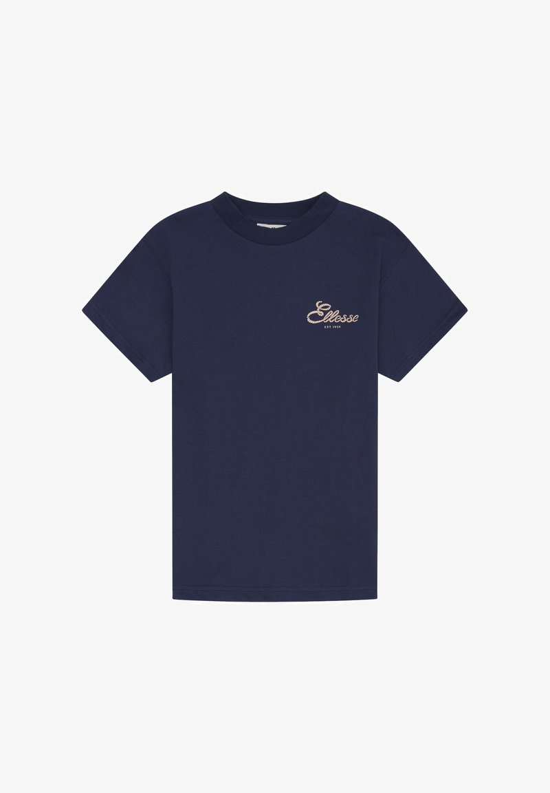 T-shirt bleu marine à manches courtes avec petit logo beige "Ellesse EST 1959" sur la poitrine gauche.